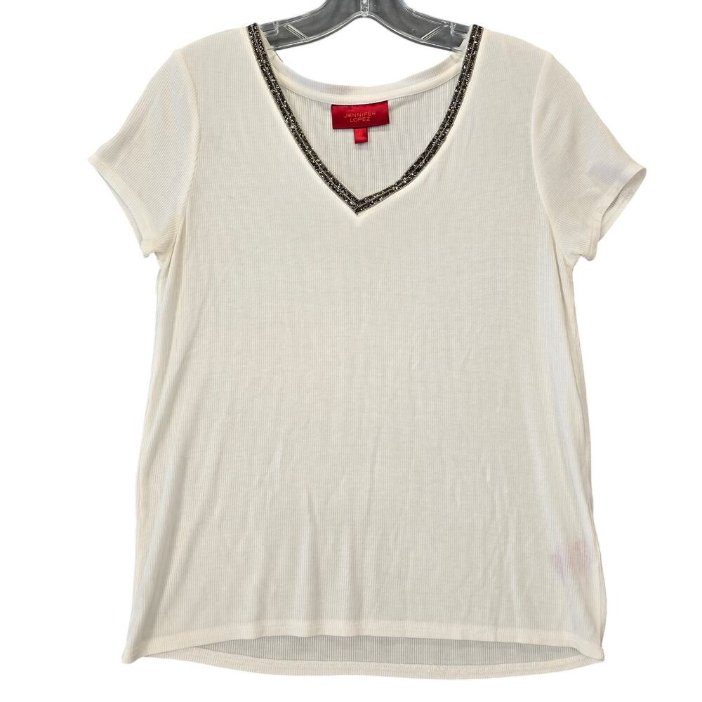 Jennifer Lopez White Shirt Stretch Beaded V-Neck Short Sleeves Top Women Size XS